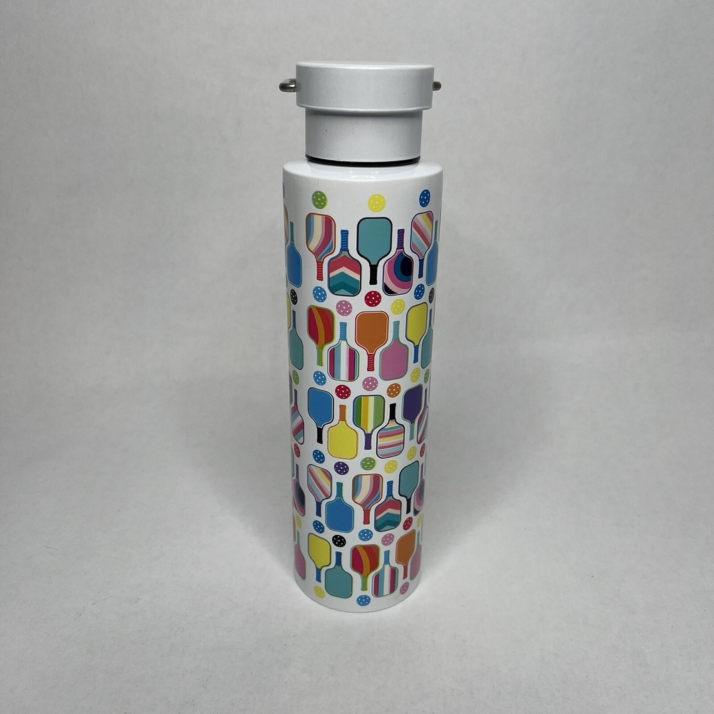 Pickle Ball Water Bottle 20 oz White Stainless Steel Insulated Cold Or Hot